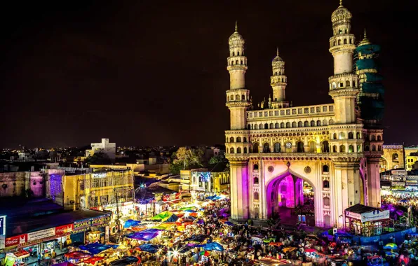 Picture night, lights, India, market, Bazaar, Hyderabad, Charminar