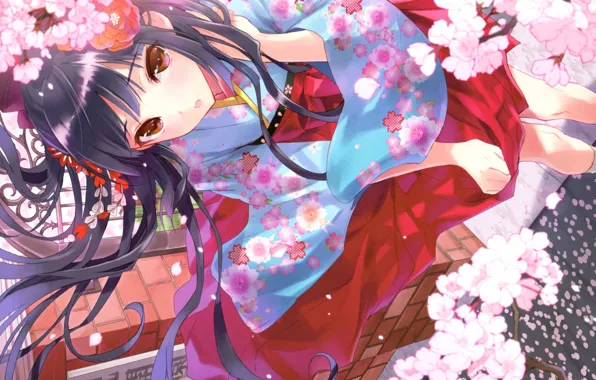 Picture the wind, spring, petals, girl, long hair, Japanese clothing, art, kusakabe akira, the cherry blossoms