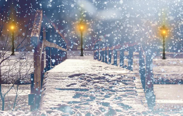 Picture photo, Winter, Bridge, Night, The city, Snow, Park, Street lights