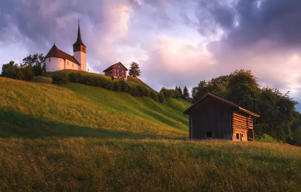 Picture landscape, sunset, clouds, nature, hills, Switzerland, slope, Church, house, Markus Stauffer