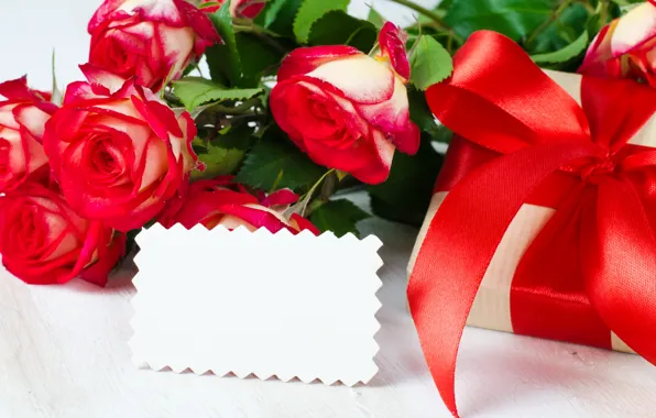 Picture love, gift, roses, bouquet, tape, red, red, love, flowers, romantic, valentine's day, roses, gift box