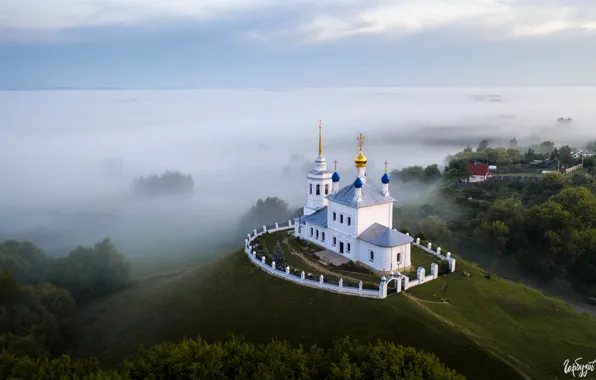 Picture landscape, fog, hill, the village, Ilya Garbuzov, Yepifan', Tula, Holy Dormition Women's Skete, Assumption Church