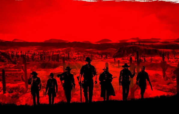 Picture weapons, background, people, cacti, cowboys, hats, ps4, red dead redemption 2