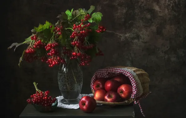 Picture leaves, branches, berries, the dark background, apples, bouquet, fruit, red, vase, still life, basket, table, …