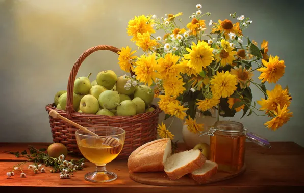 Picture flowers, chamomile, bouquet, yellow, bread, Bank, still life, honey, basket, pear, rudbeckia, Golden balls