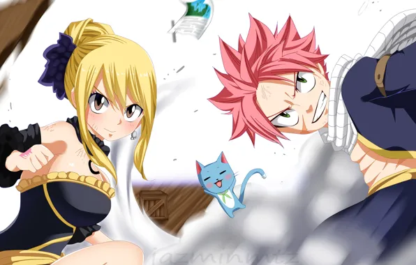 Picture girl, guy, Fairy Tail, Natsu, Lucy, Happy, Fairy tail