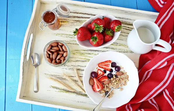 Picture Breakfast, milk, strawberry, honey, grapes, nuts, nuts, strawberry, muesli