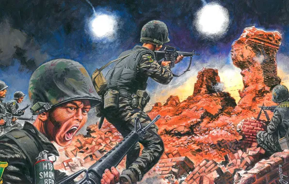 Picture War, Battle, Soldiers, Creek, Vietnam, Art, 1972, Attack, Операция «Нгуен Хюэ», Куангчи, Пасхальное наступление