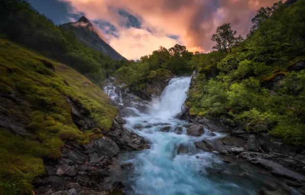 Picture mountains, river, vegetation, waterfall, Norway, Norway, Stryn, Stryn