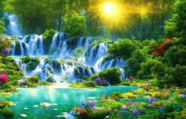 Picture greens, forest, summer, the sun, light, trees, flowers, nature, waterfall, beauty, art, digital painting, digital …
