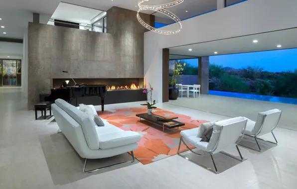 Picture Villa, interior, pool, fireplace, terrace, living room, modern villa, Kim Residence, by Tate Studio Architects