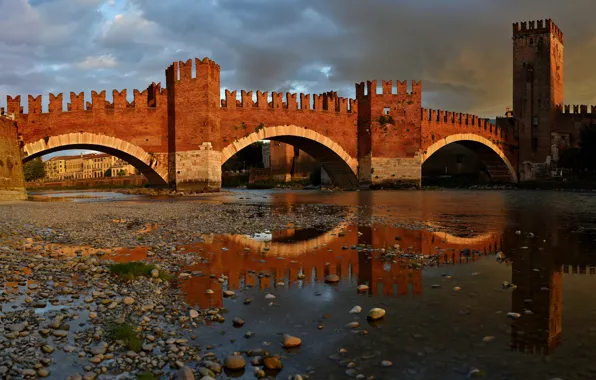 Picture water, bridge, pebbles, reflection, castle, wall, shore, tower, fortress, arch, antiquity, pond