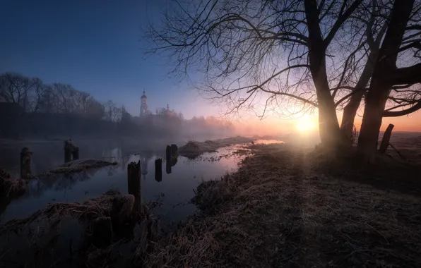 Picture the sun, trees, landscape, nature, river, village, spring, morning, Church, Andrei, Serna, Filipovsko