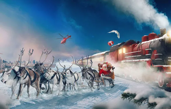 Picture winter, snow, the city, holiday, owl, train, New Year, Christmas, helicopter, gifts, team, deer, Santa …