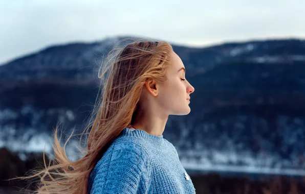 Picture cold, girl, nature, hair, beautiful, sweater