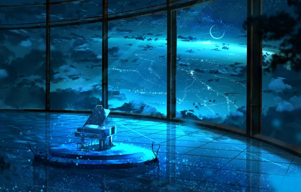 Picture the sky, night, room, the moon, piano