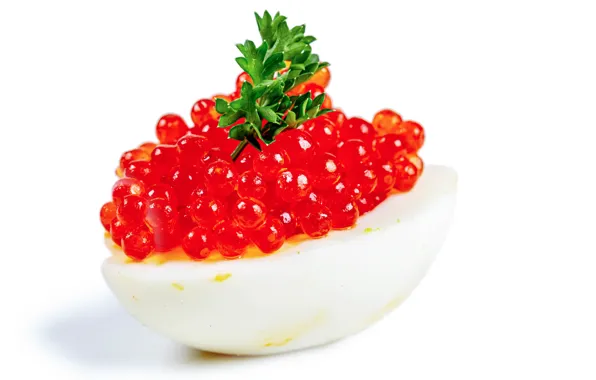 Picture greens, egg, white background, caviar, red caviar