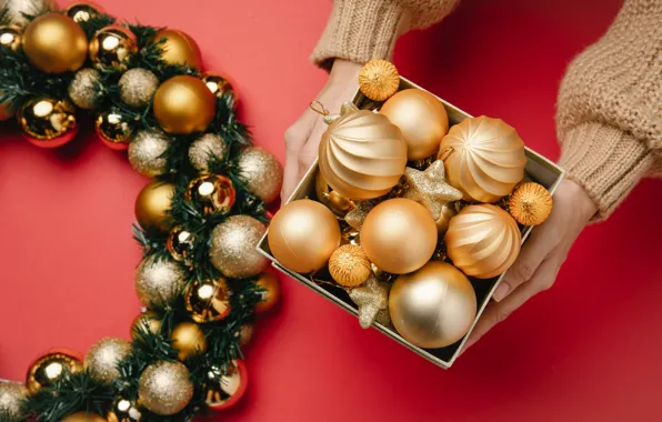 Picture girl, stars, balls, decoration, holiday, box, gift, hands, Christmas, New year, gold plated, needles, wreath, …