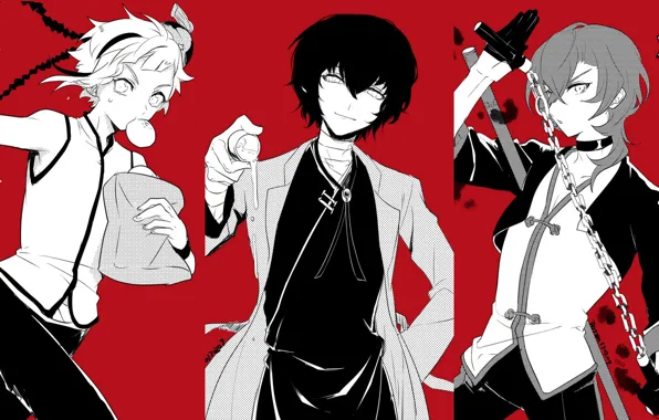 Picture collage, guys, red background, Bungou Stray Dogs, Stray Dogs: A Literary Genius