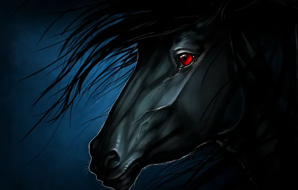 Picture Black, Horse, Face, Mane, Art, The dark background, Красный глаз