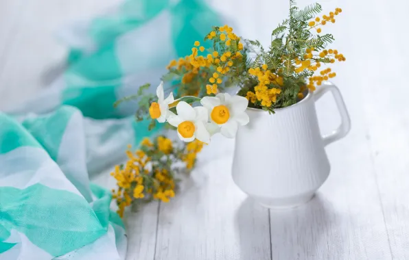Picture flowers, bouquet, daffodils, Mimosa