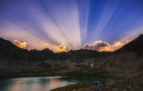 Picture clouds, rays, landscape, sunset, mountains, nature, lake, The Caucasus, tourists, tents, Occurance