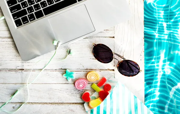 Picture water, headphones, glasses, sweets, laptop