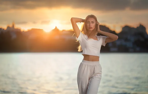 Picture look, girl, sunset, pose, hands, figure, blonde, Dmitry Shulgin