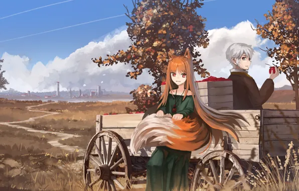 Picture autumn, girl, apples, male, cart, wolf, Spice and Wolf, Horo, Kraft Lawrence
