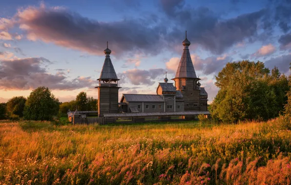 Picture field, autumn, clouds, light, trees, meadow, Church, temple, Russia, wooden architecture, meadow grass