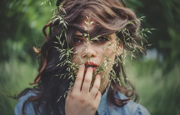 Picture look, girl, nature, face, hair, hand, portrait, spikelets, fingers, curls, Cristina Venedict