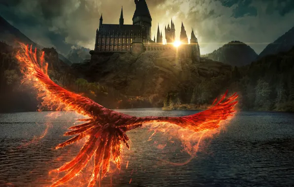 Picture river, castle, Phoenix, poster, Fantastic Beasts: The Secrets of Dumbledore, Фантастические твари: Тайны Дамблдора