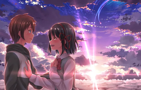 Picture girl, sunset, anime, art, guy, two, Kimi no VA On