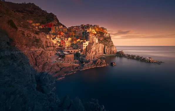 Picture sea, sunset, the city, rocks, shore, home, Italy, Manarola