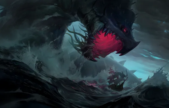 Picture sea, ship, monster, attack, Bilgewater, Legends of Runeterra
