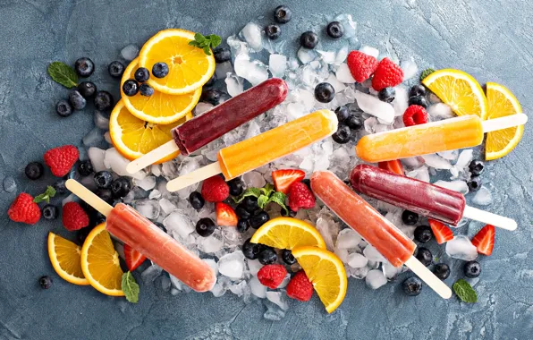 Picture ice, berries, raspberry, oranges, blueberries, strawberry, ice cream, fruit
