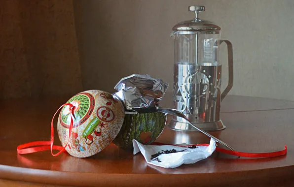 Picture table, holiday, tea, ball, kettle, spoon, tape, still life, items, napkin