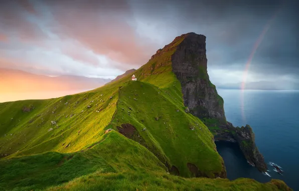 Picture light, the ocean, lighthouse, rainbow, Faroe Islands