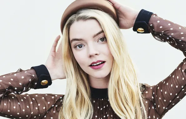 Picture look, pose, portrait, makeup, actress, hairstyle, blonde, white background, Anya Taylor-Joy, Anya Taylor-Joy