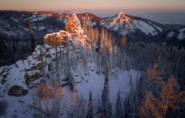 Picture winter, snow, landscape, mountains, nature, rocks, forest, reserve, National Park, Красноярские Столбы