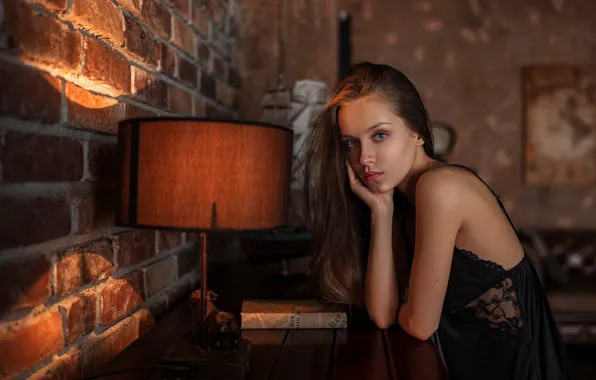 Picture look, pose, wall, model, lamp, portrait, brick, makeup, hairstyle, book, brown hair, twilight, beauty, sitting, …