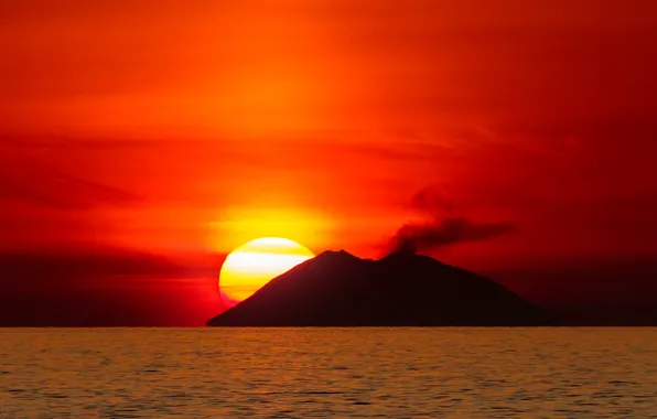 Picture sea, the sun, sunset, island, the volcano, Italy, Стромболи