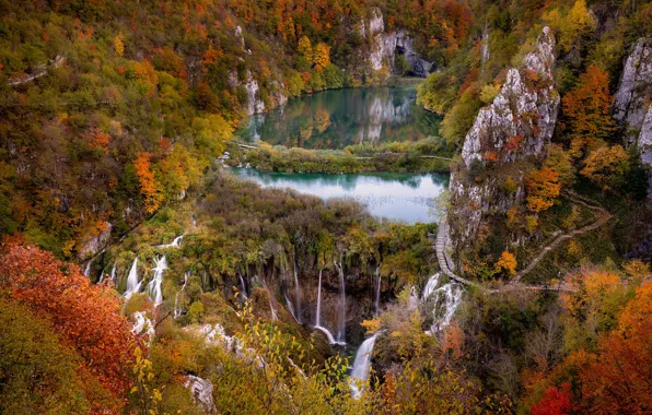 Picture autumn, forest, lake, waterfall