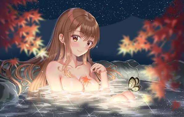 Picture the sky, leaves, girl, night, butterfly, hot springs