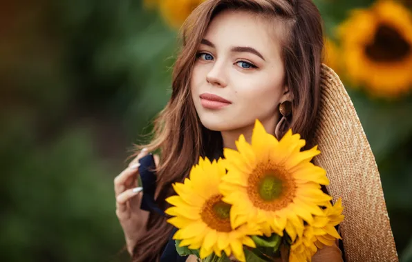 Picture sunflowers, flowers, girl