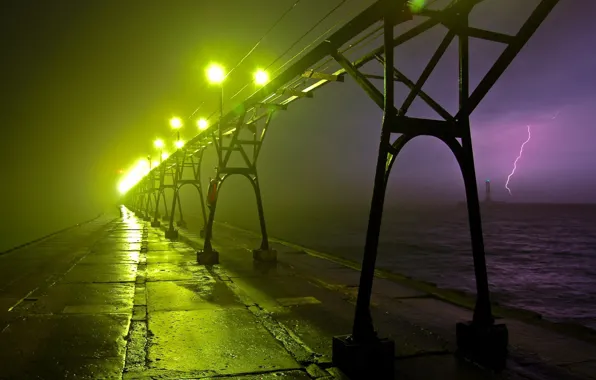 Picture bridge, lights, fog, lightning, lighthouse
