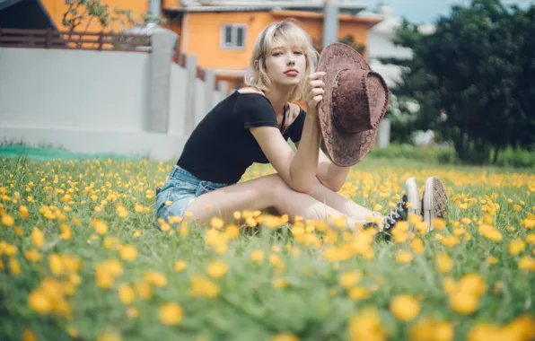 Picture grass, shorts, Girl, hat, flowers, sitting