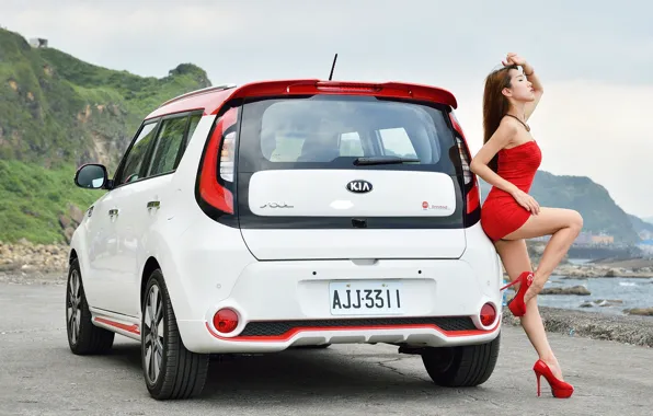 Picture Girls, Asian, beautiful girl, white car, beautiful dress, Kia Soul, posing on the car