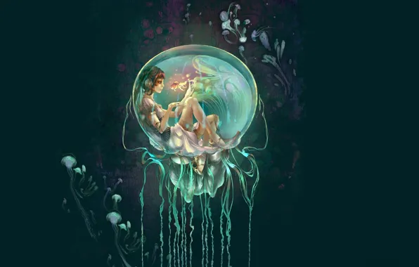 Picture mermaid, depth, jellyfish, goldfish, bubble, mermaid, magic water