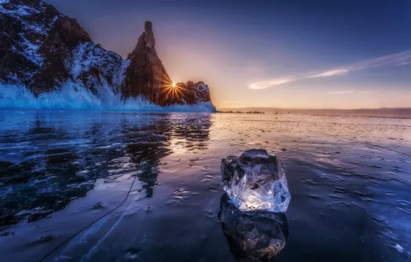 Picture sunset, rock, lake, ice, lake Baikal, Olkhon island, Cape Khoboy